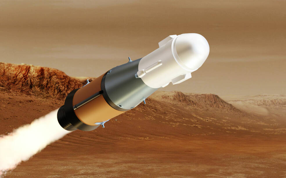 An illustration of the MAV in flight against the red planet in the background.