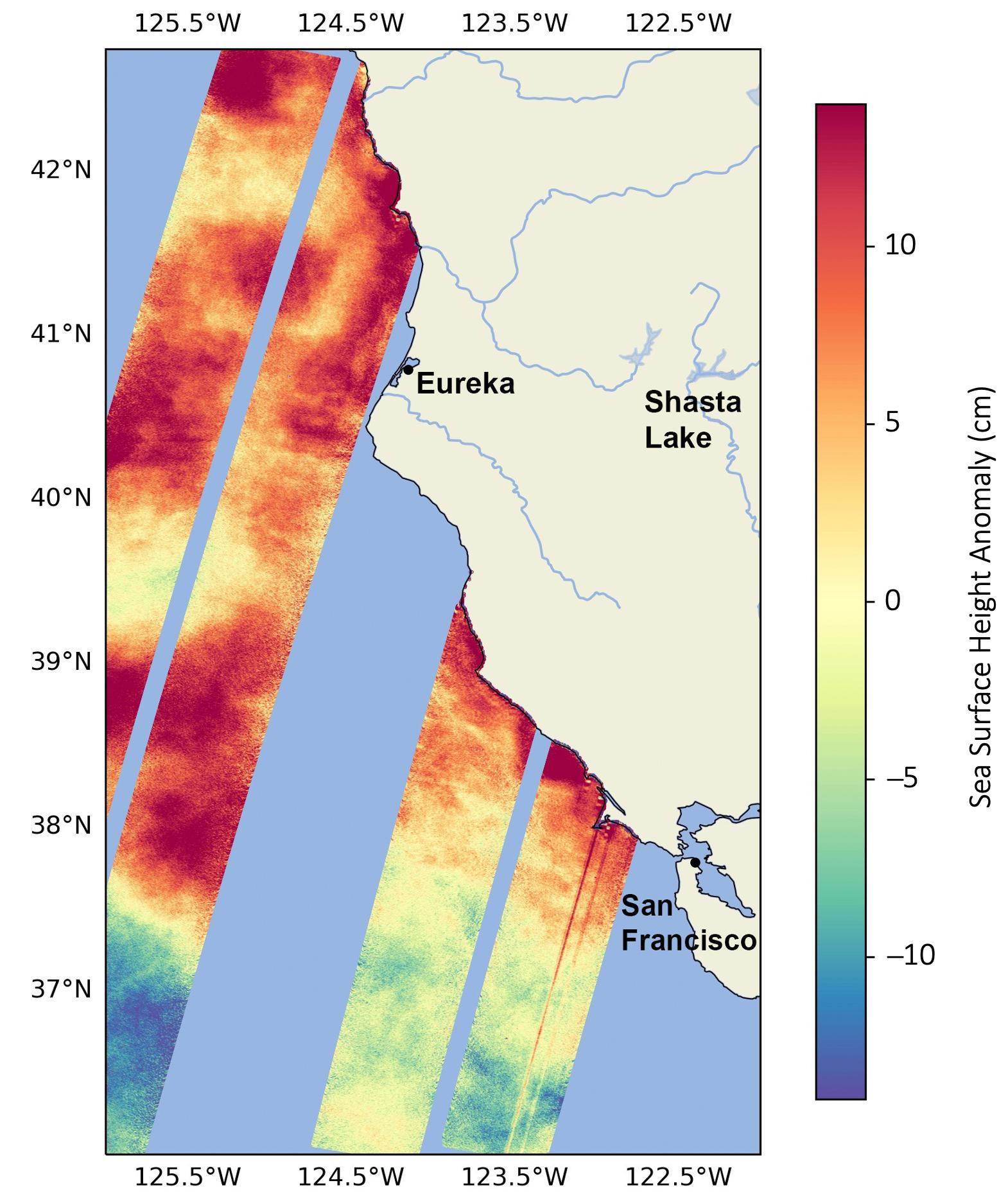 This data visualization shows sea surface heights off the northern California coast in August as measured by the Surface Water and Ocean Topography satellite. Red indicates higher-than-average heights, due to a marine heat wave and a developing El Niño, while blue signals lower-than-average heights.