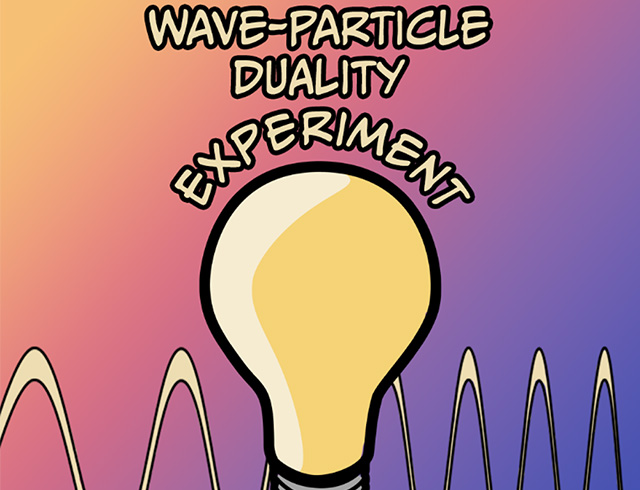 A drawing of a a lightbulb with a wave representing light as it shifts from red to blue and the wavelength gets shorter, with the title “Wave-Particle Duality Experiment”