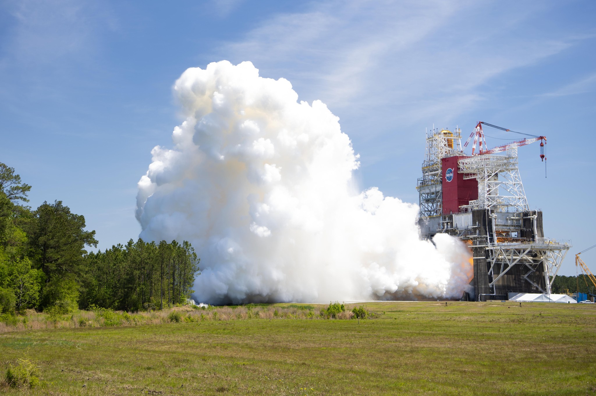 vapor clouds rising from final RS-68 engine acceptance test on April 12, 2021 on the B-1 Test Stand