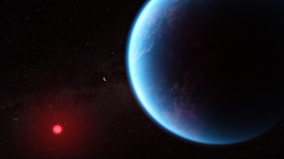 This artist illustration shows a blue planet on the right, with its small, glowing red star in the lower left. Between them is another planet, a tiny white crescent in the distance.