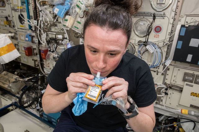 NASA astronaut Serena Auñón-Chancellor provides a saliva sample on the International Space Station. Her sample will be used to measure stress hormones and other biomarkers of health that can reveal how her immune system changes in space.