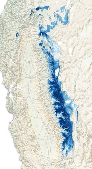 a map of the west coast in beige, with terrain represented by shadows and highlights, shows a swath of blue from top to bottom in the Sierra Nevada Mts. - the second range right of the coast line.