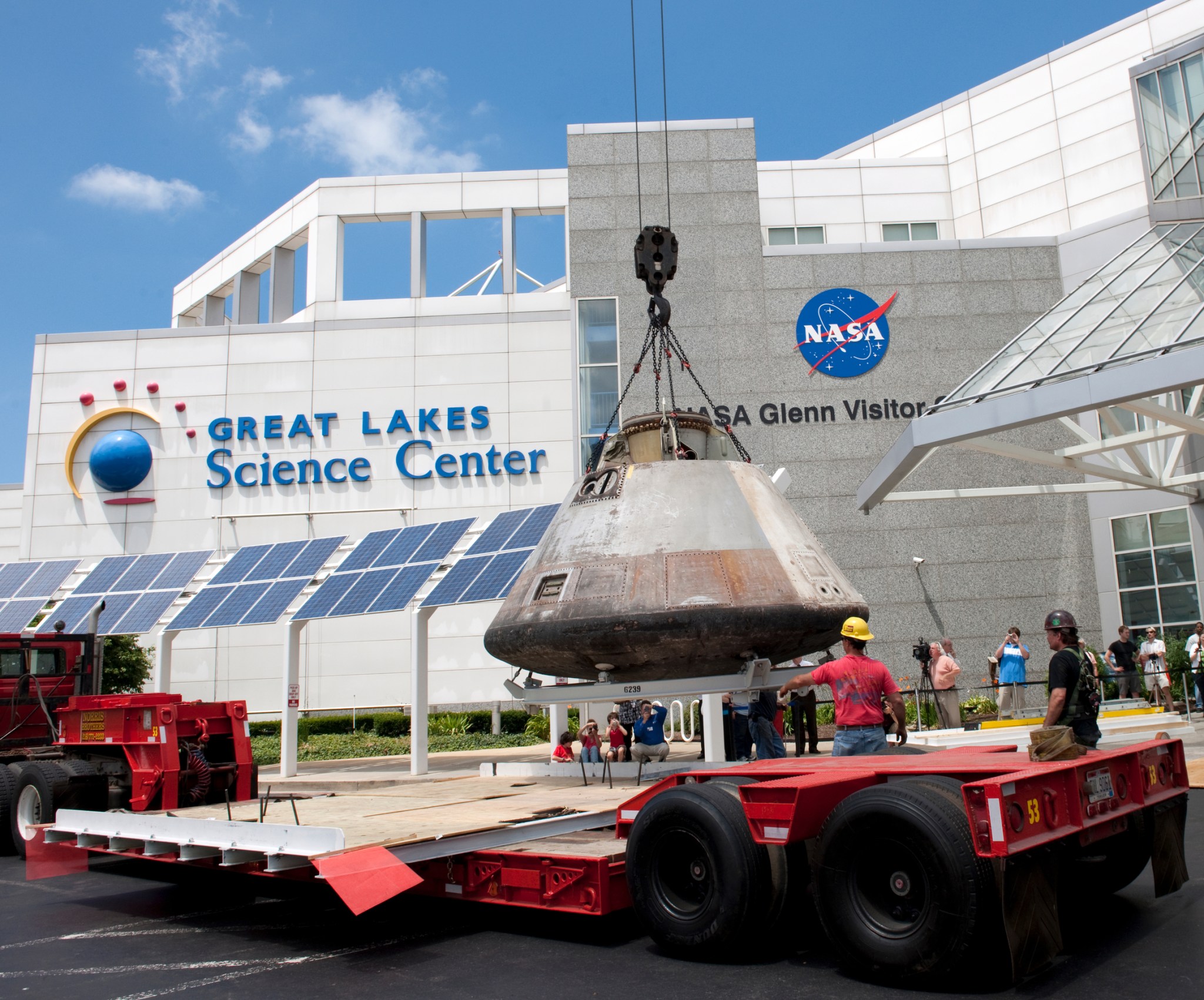 The command module is delivered to Great Lakes Science Center on June 22, 2010. The 30-minute move downtown required over a year of planning.