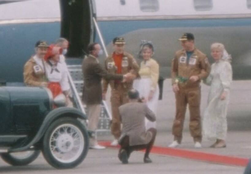 Christopher C. Kraft, as well as their wives, greet the Skylab 3 astronauts upon their return to Ellington Air Force Base