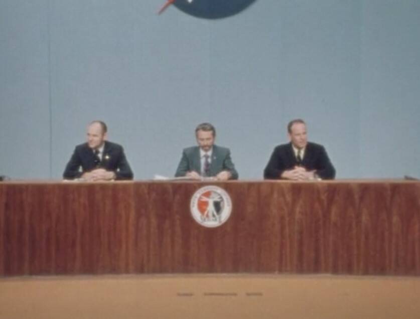 Skylab 3 astronauts Alan L. Bean, Owen K. Garriott, and Jack R. Lousma participate in the postflight crew press conference