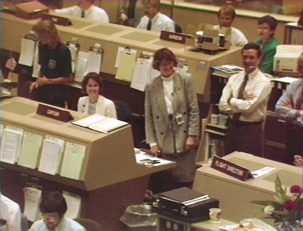 Capsule communicator Kathryn D. Sullivan in Mission Control at NASA’s Johnson Space Center in Houston at the beginning of flight day 2