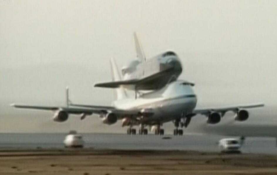 Space shuttle Discovery takes off from Edwards Air Force Base in California, to begin its cross-country trip to NASA’s Kennedy Space Center in Florida atop a Shuttle Carrier Aircraft