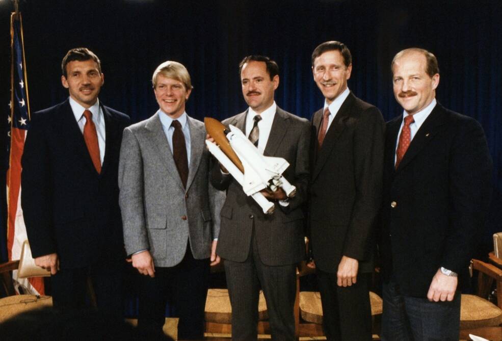 The STS-26 crew following the press conference announcing their assignment to the Return to Flight mission