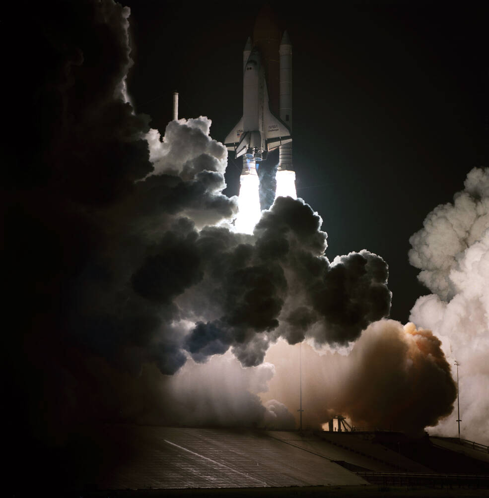 Liftoff of STS-8 on the first night launch of the space shuttle program