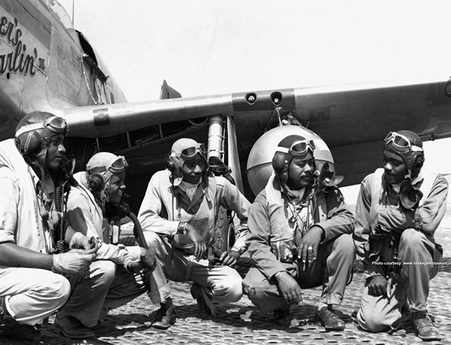 Black and white photo of the Tuskegee Airmen.