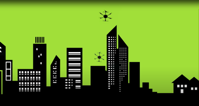 Vector graphic of a drone flying in a city with a green background.