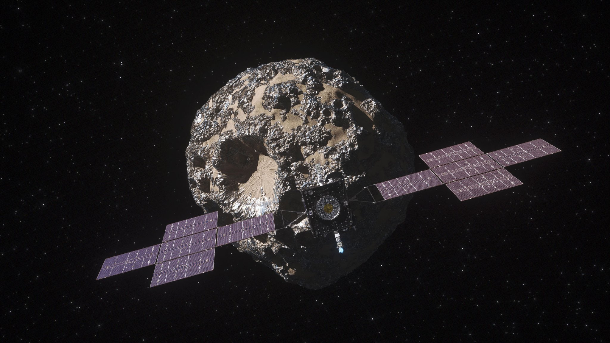 This illustration depicts NASA's Psyche spacecraft as it approaches the asteroid Psyche.
