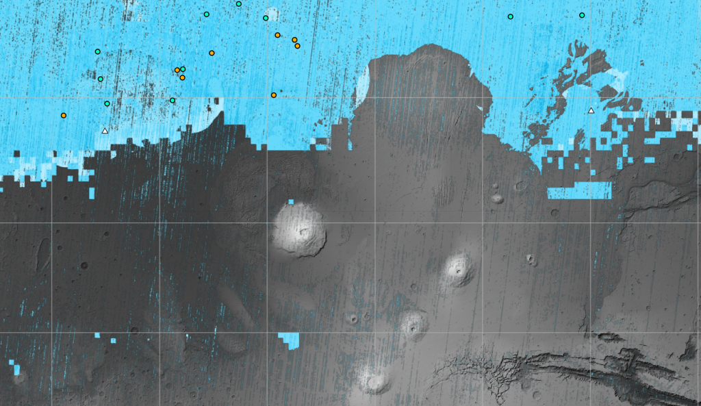 The blue areas on this map of Mars are regions where NASA missions have detected subsurface water ice (from the equator to 60 degrees north latitude).