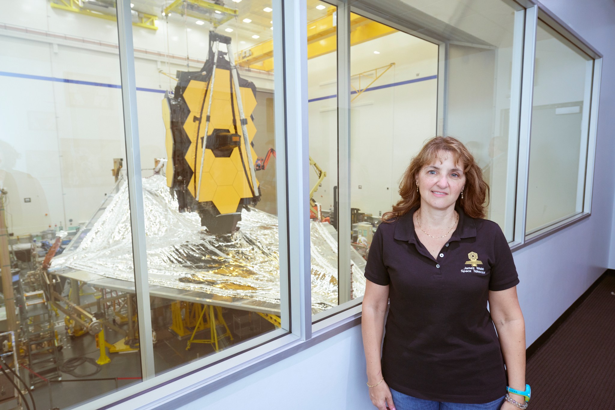 Sandra Irish stands in from of a cleanroom window with the James Webb Space Telescope visible in the cleanroom shown in the background.