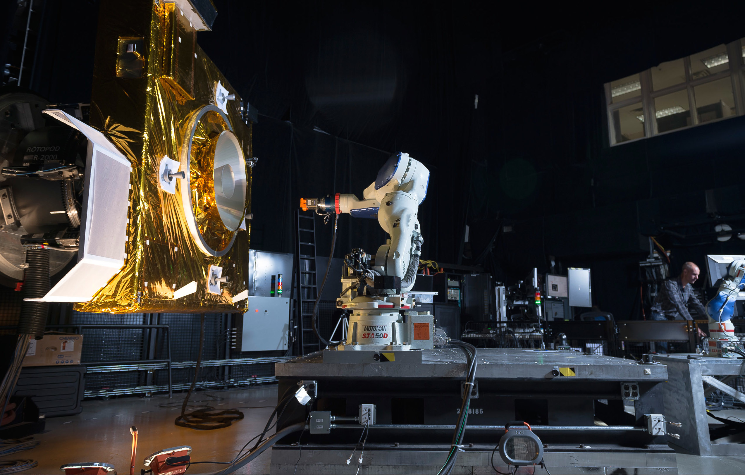 Robots and mockups allow us to practice gently grasping simulate and practice satellite-servicing tasks, such as gently grasping a client satellite...