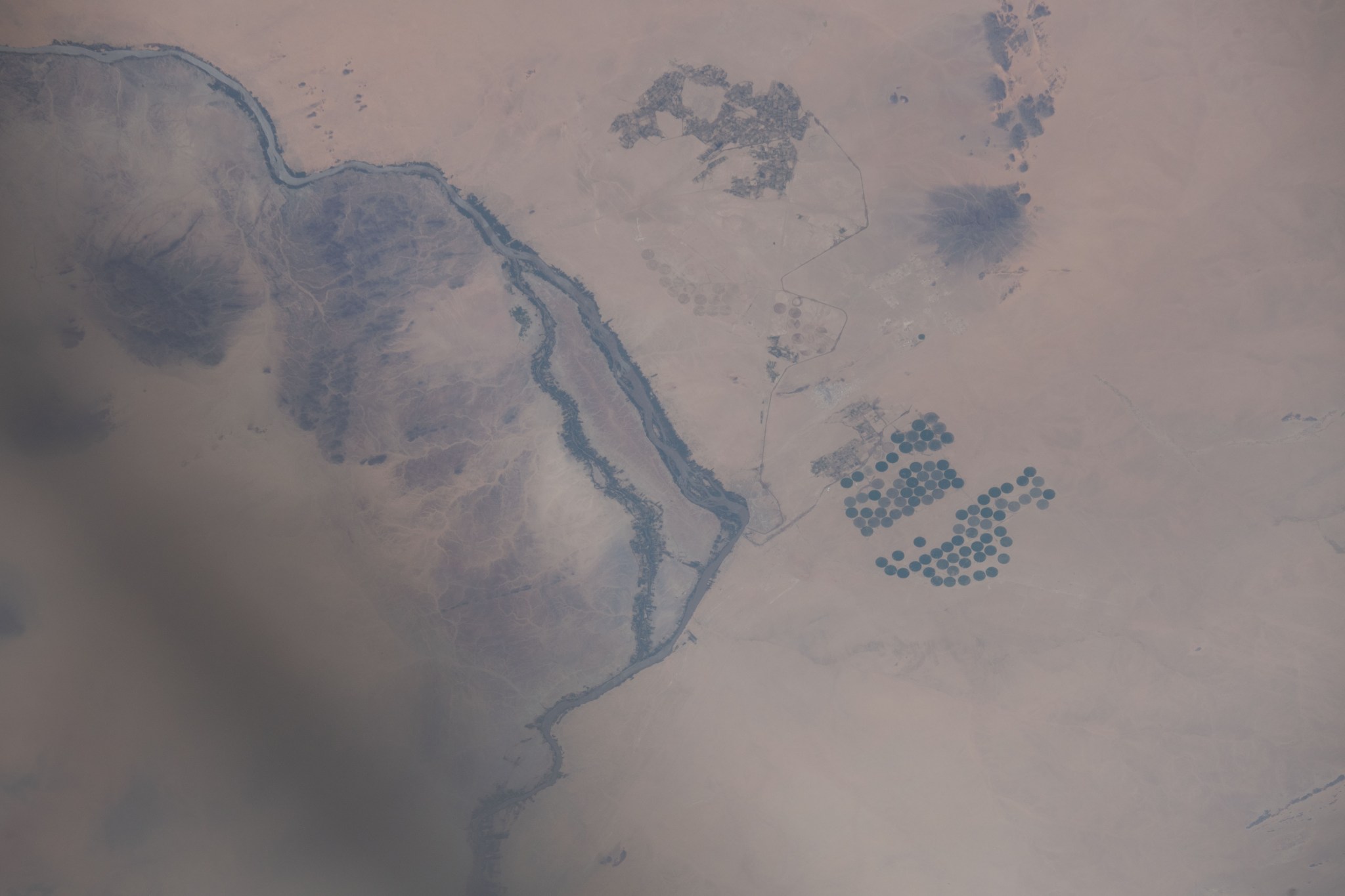 iss070e002597 (Oct. 1, 2023) -- The Nile River, the longest in the world, is photographed as the International Space Station orbited 260 miles above Sudan. Land splits the historic course of the river in two channels before the body of water joins back together. To the right of the image, crop circles are visible. A result of center-pivot irrigation, these circular farming patterns create an efficient method for water conservation while growing crops such as sesame, peanuts, and sugarcane.