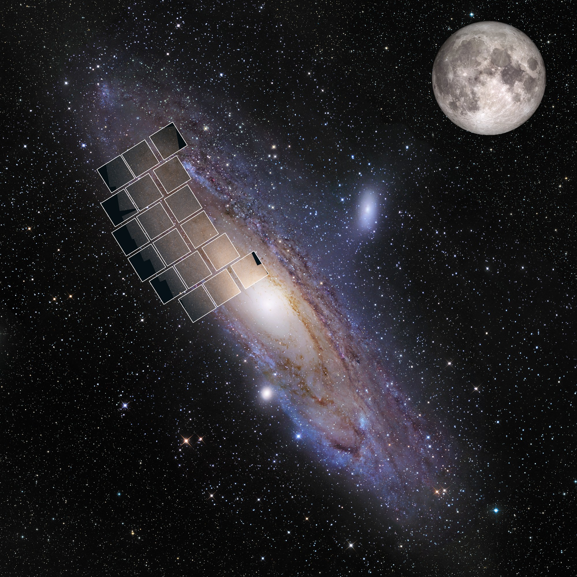 A photo of the Andromeda galaxy, which has a hazy yellow center surrounded by purplish, dusty tendrils of stars. The galaxy is oval shaped on a starry black background. The galaxy is overlaid with a series of 18 squares, arranged in three rows that curve slightly. The moon appears in the upper-right corner and is labeled