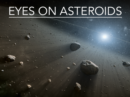 Eyes on Asteroids banner displaying an asteroid field in space with the Sun in the top right corner casting light on the asteroids and debris
