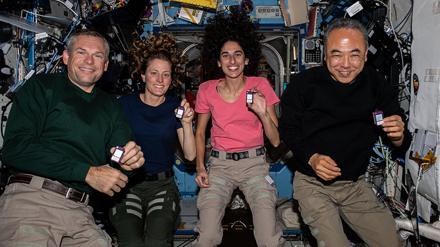 (From left) Astronauts Andreas Mogensen, Loral O'Hara, Jasmin Moghbeli, and Satoshi Furukawa show off dosimeters that monitor the amount of radiation the crew is exposed to in space.