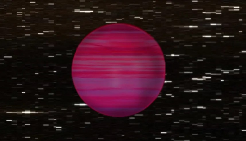 Image representing a round star colorized with bands of purple and red against a black background with white stars