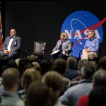 NASA Administrator Bill Nelson, far left, talks to Marshall team members during a Town Hall on Sept. 18 in Activities Building 4316. Joining him on the event stage, from left, are Marshall Acting Center Director Joseph Pelfrey, NASA Deputy Administrator Pam Melroy, NASA Associate Administrator Robert Cabana, and NASA Deputy Associate Administrator Casey Swails.