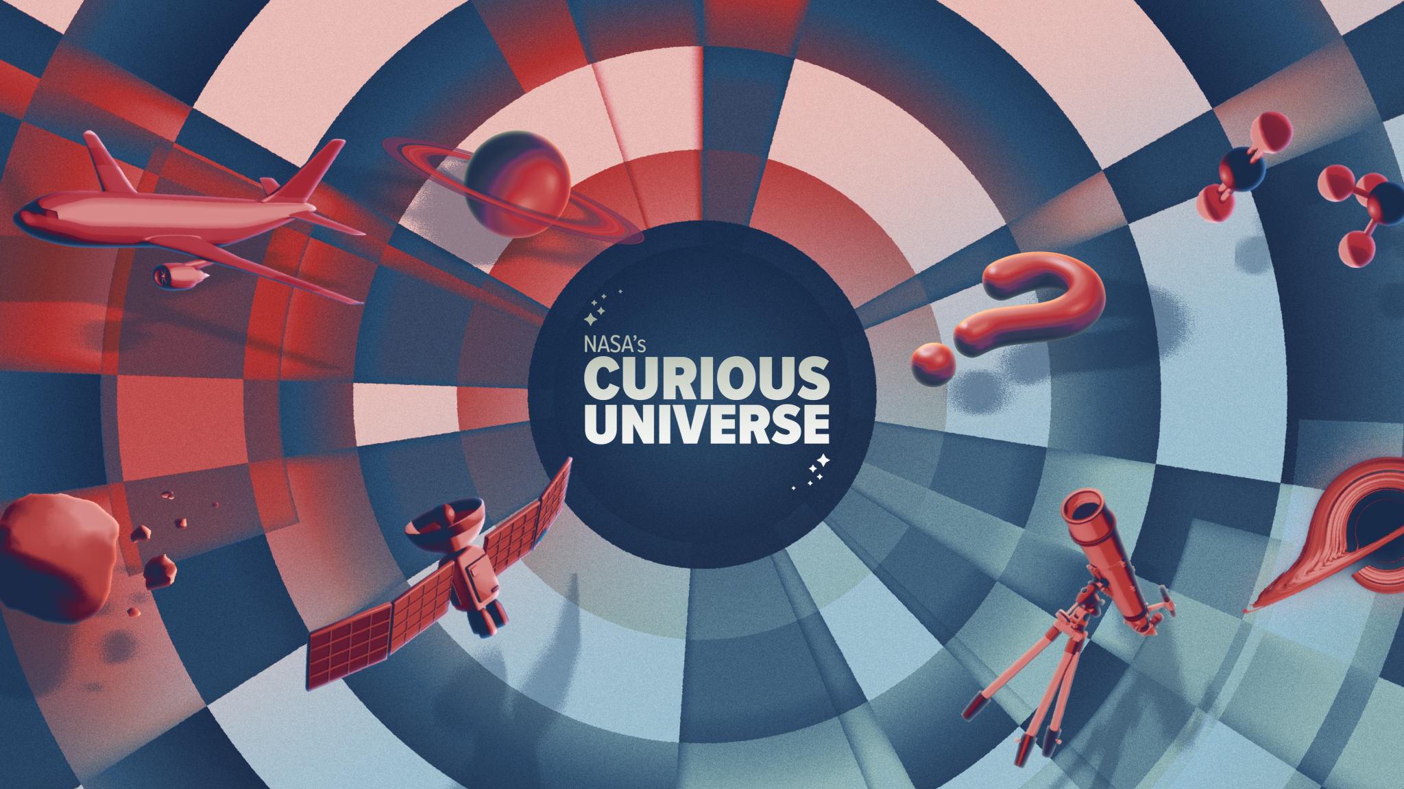 This image shows a navy blue circle with a logo in the center that reads “NASA’s Curious Universe” in white letters with stars in the upper left and bottom right. Surrounding the circle, there are panels of shades of alternative reds and blues with red icons floating. The icons include a plane, planet Saturn, an asteroid with smaller rocks surrounding, a satellite, a question mark, a telescope, molecules, and part of a visualization of a black hole.
