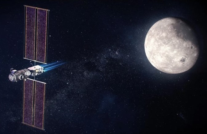Illustration of Gateway Habitation and Logistics Outpost and Power and Propulsion Element using ion propulsion