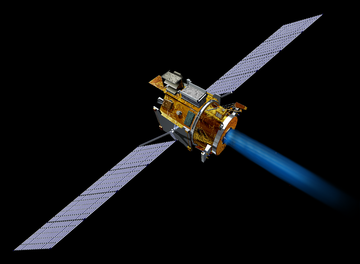 Illustration of Deep Space 1 and the blue exhaust of its ion propulsion engine