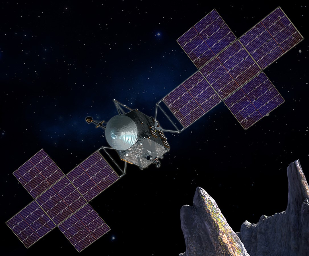 Illustration of the Psyche spacecraft during its encounter with the asteroid of the same name