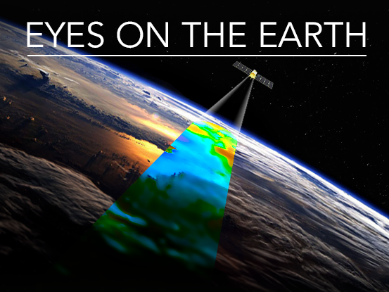 Eyes on the Earth banner displaying Jason 3 spacecraft orbiting around Earth. We can see the spacecraft instrument frustum looking at the Earth surface with colored data where the frustum interesects with Earth.