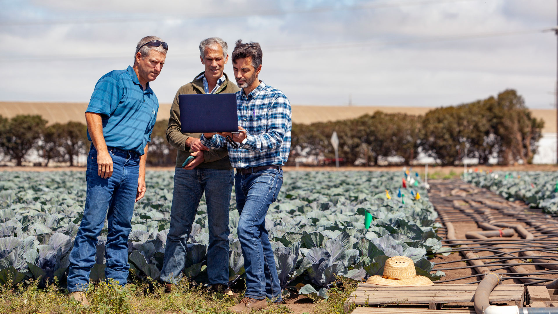 Forrest Melton (far right) checks data on a laptop while standing in a Salinas field with Mark Mason and Michael Cahn.