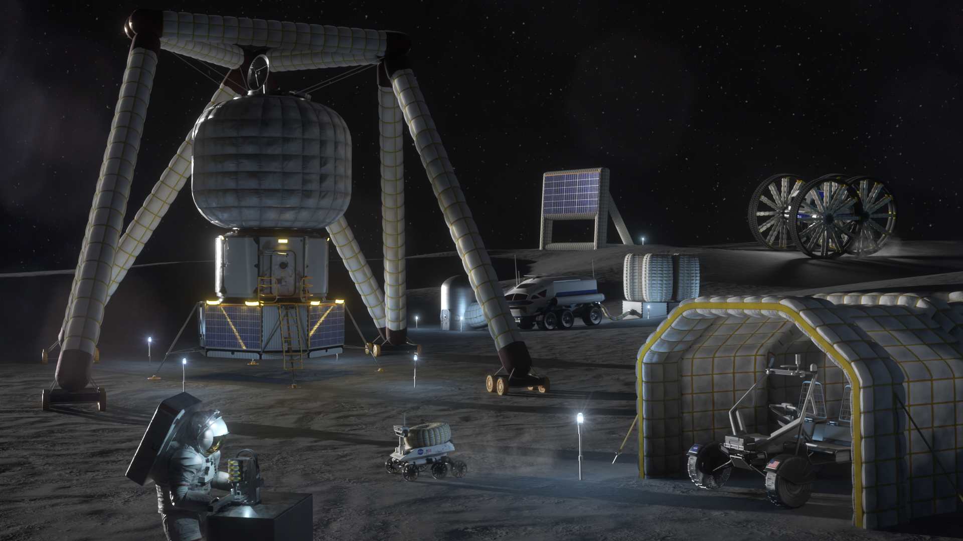Artist depiction of inflatable structures on the surface of the Moon including an inflatable manufacturing press, dust shield, garage, storage tanks, mobility vehicles, and a solar array.