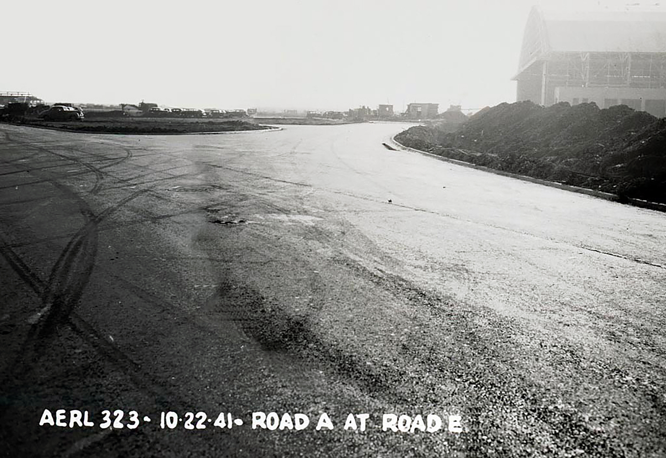 View of roads and hangar under construction.