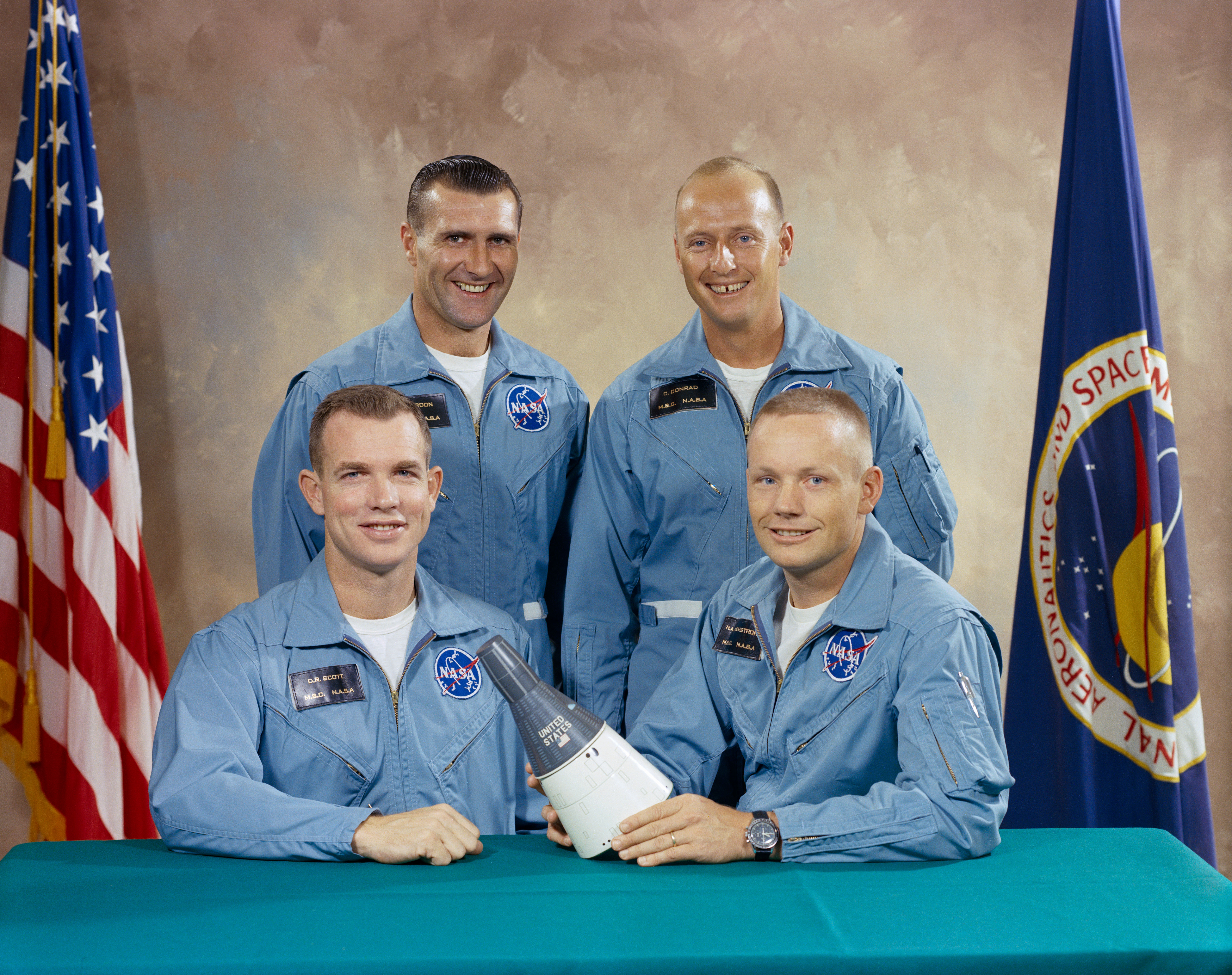 David R. Scott, lower left, received the first assignment to a prime crew as Gemini VIII pilot – fellow Fourteen Richard F. Gordon was assigned as his backup