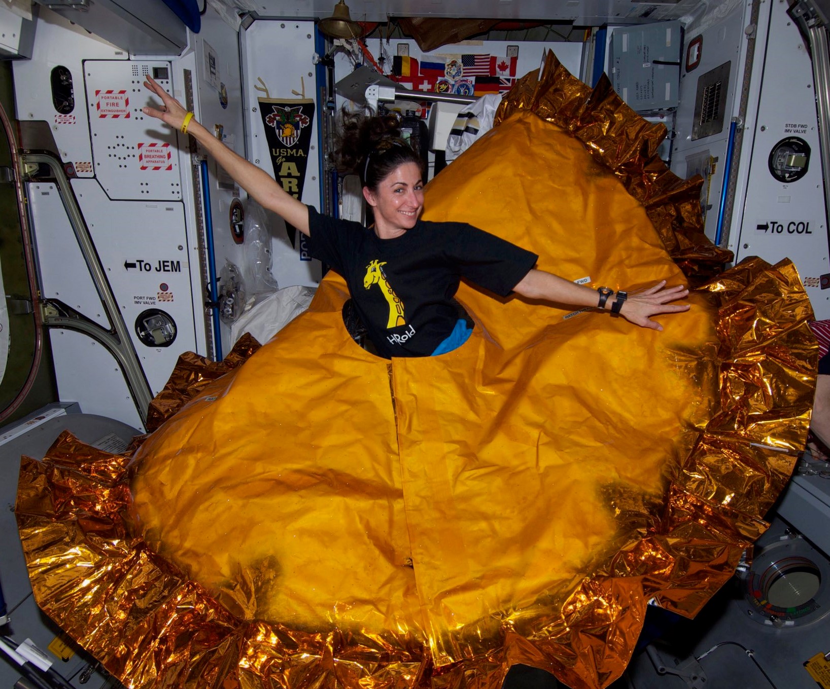 L'ingegnere di volo della Spedizione 21 e astronauta della NASA Nicole B.  Stott, sfoggiando il suo costume di Halloween