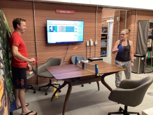 CHAPEA Mission 1 Commander Kelly Haston and Science Officer Nathan Jones play ping pong together during some of their free time in the CHAPEA habitat. Credits: NASA