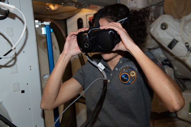 NASA astronaut and Expedition 70 Flight Engineer Jasmin Moghbeli participates in virtual reality spacewalk training using SAFER, or Simplified Aid for EVA Rescue.
