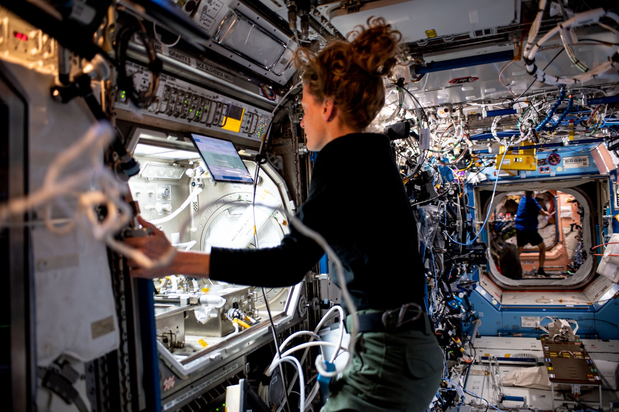 NASA astronaut and Expedition 70 Flight Engineer Loral O'Hara removes space physics research hardware from inside the Destiny laboratory module's Microgravity Science Glovebox aboard the International Space Station.