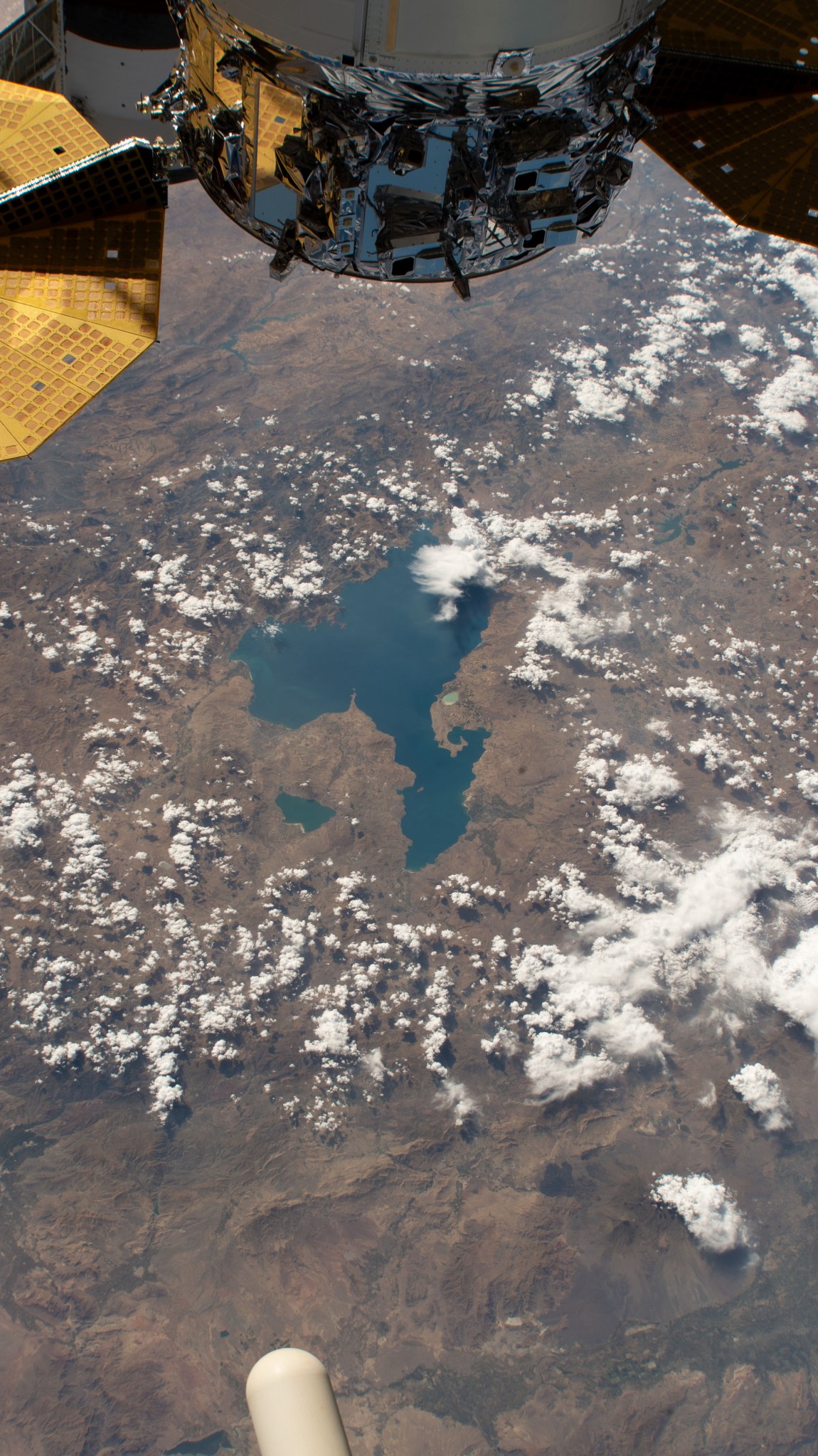 Two lakes in Turkey, the larger Van Lake and the smaller Erçek Lake, are pictured from the International Space Station as it orbited 259 miles above the Eurasian region near the Caspian Sea.