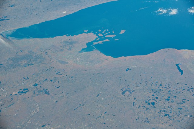 The western tip of Lake Superior is pictured from the International Space Station as it orbited 258 miles above the state of Iowa.