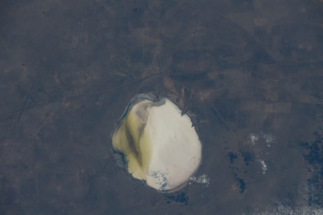 Lake Elton, a salt lake in Russia near the western border of Kazakhstan, is pictured from the International Space Station as it orbited 260 miles above.