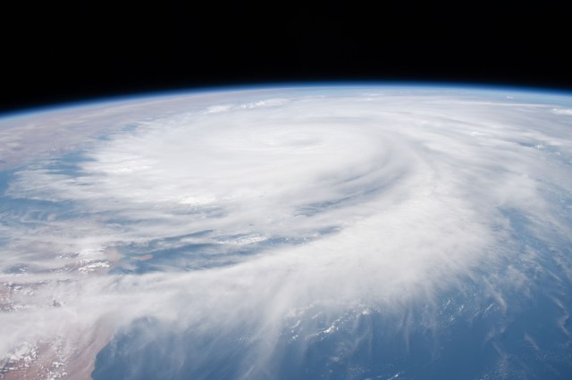 The International Space Station was orbiting 260 miles above the coast of Somalia on the Indian Ocean as Tropical Cyclone Tej was pictured on the Arabian Sea approaching the coast of Yemen.