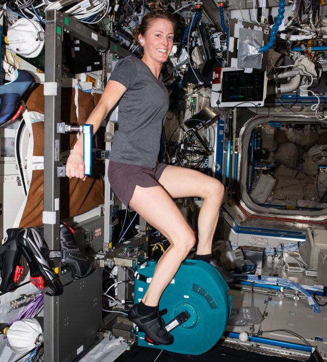 NASA astronaut and Expedition 70 Flight Engineer Loral O'Hara pedals on an exercise cycle, also known as CEVIS, or Cycle Ergometer Vibration Isolation System, inside the International Space Station's Destiny laboratory module. The CEVIS provides aerobic and cardiovascular conditioning and supports science activities, pre-breathe spacewalk activities, periodic fitness evaluations, and pre-landing fitness evaluations.