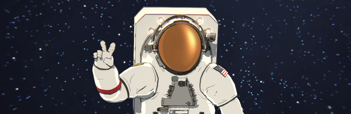Astronaut holding up two fingers in peace symbol.