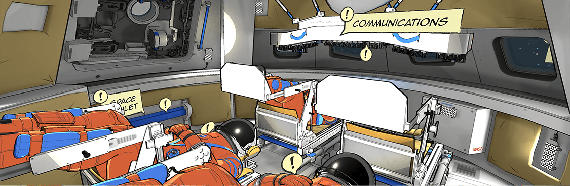 Interior space with astronauts laying down.