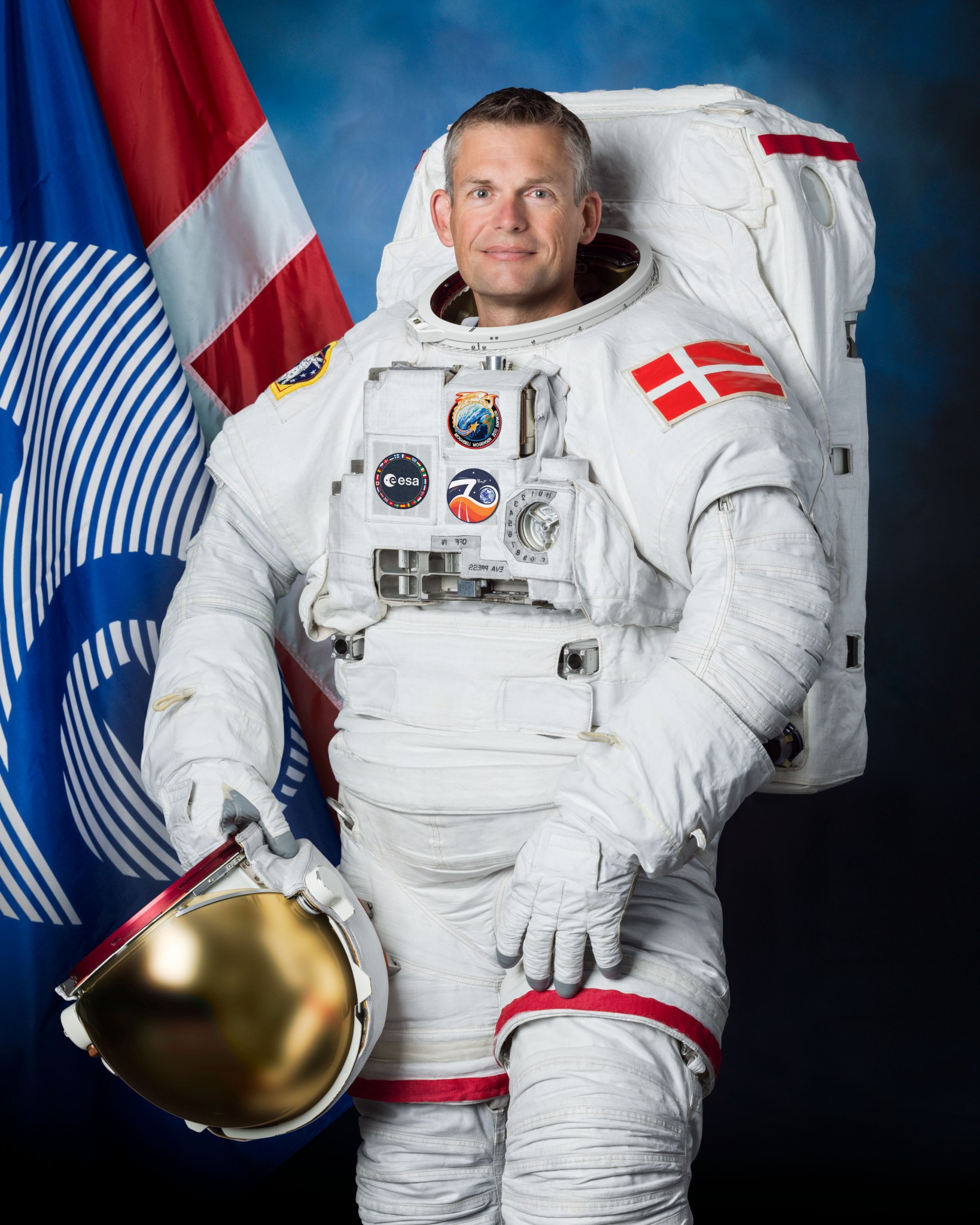 Official portrait of ESA (European Space Agency) astronaut Andreas Mogensen in a spacesuit.