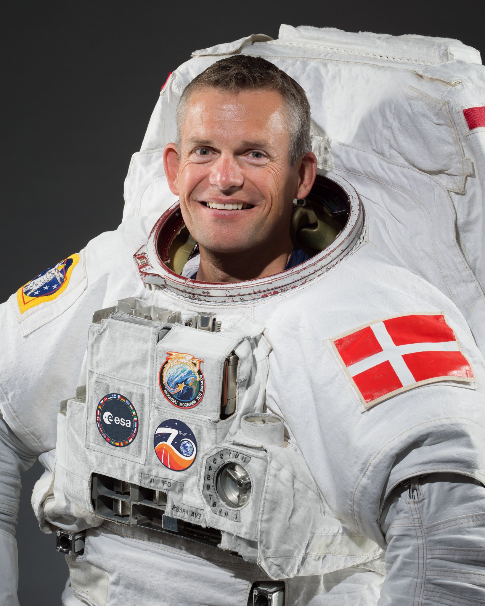 Official portrait of ESA (European Space Agency) astronaut Andreas Mogensen in a spacesuit.