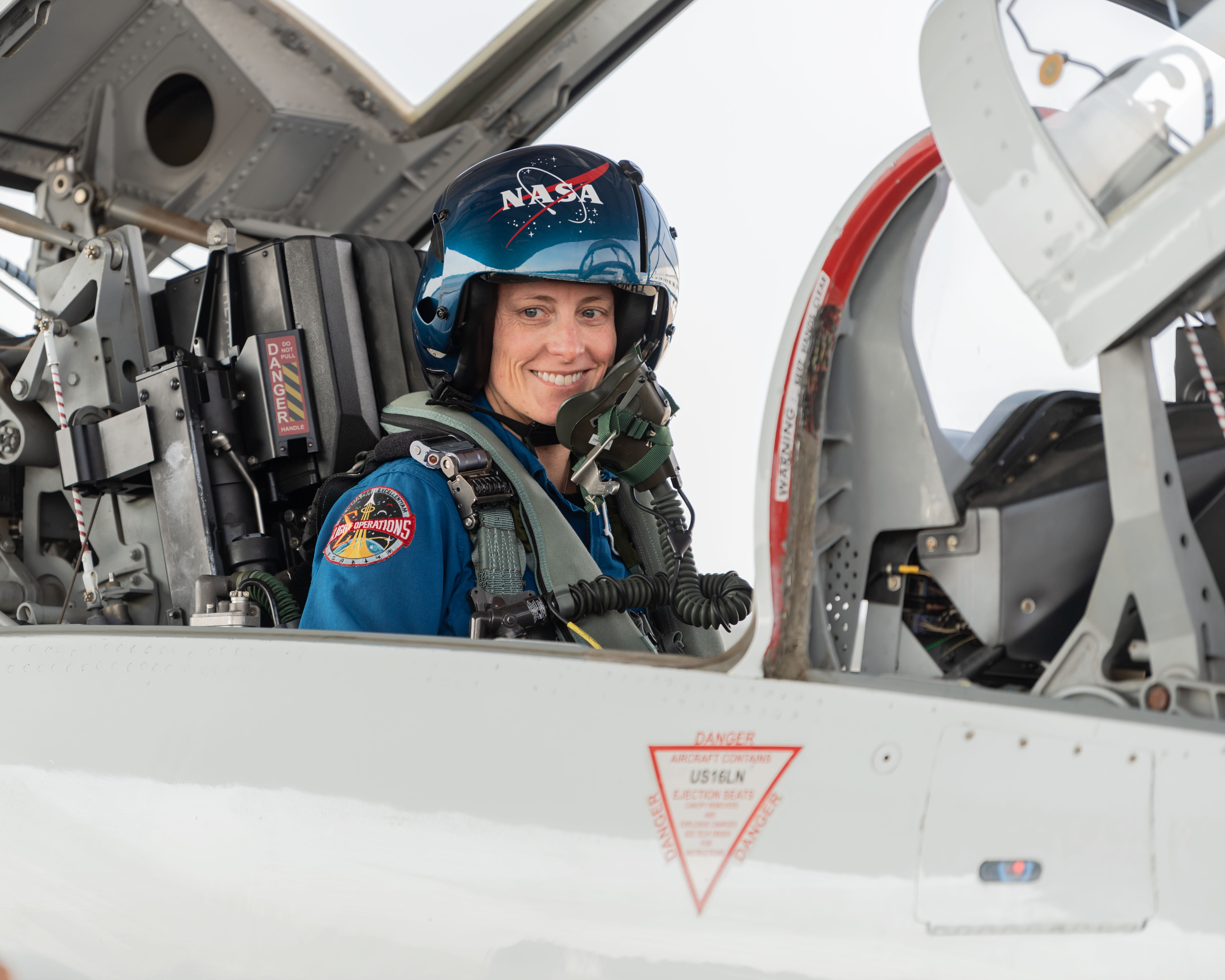 NASA astronaut Loral O'Hara conducts preflight training aboard a T-38 trainer jet at Ellington Field in Houston, Texas, before beginning her mission to the International Space Station.
