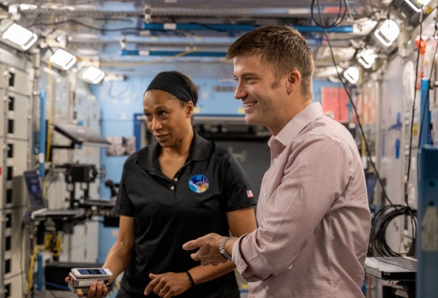 NASA astronauts Jeanette Epps and Matthew Dominick, SpaceX Crew-8 Mission Specialist and Commander respectively, train together inside the International Space Station's mockup facility at NASA's Johnson Space Center in Houston, Texas.
